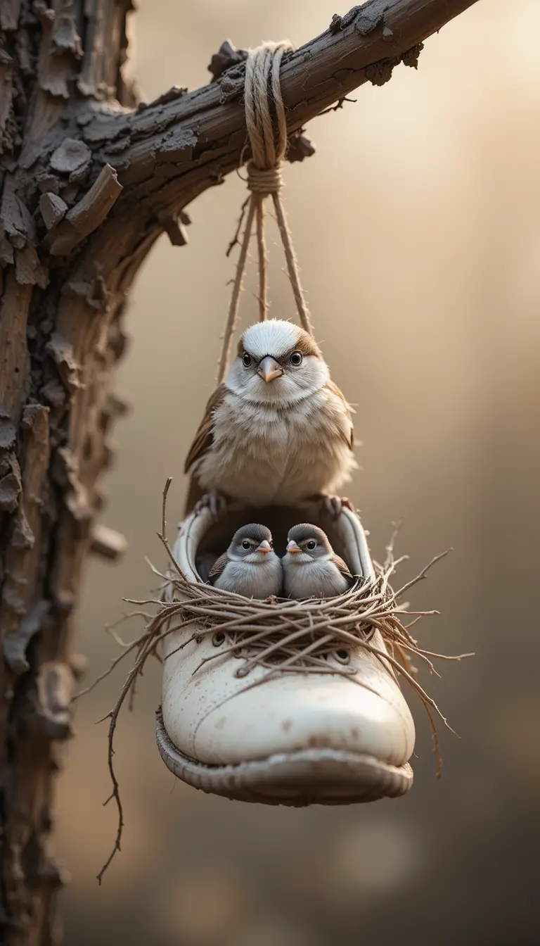 Curious sparrow on bird nest inside old hanging shoe