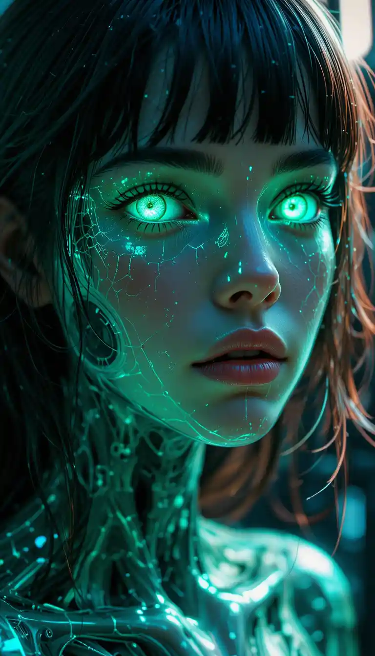 Hyperrealistic Portrait Of Nano Girl With Emerald Eyes