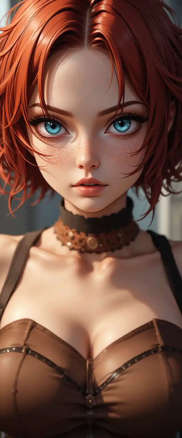 Anime woman with short red curls and light blue eyes