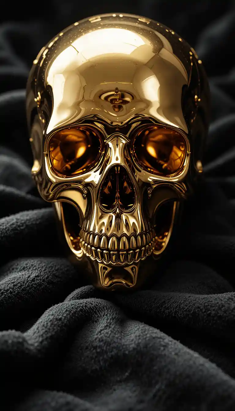Golden skull resting on deep black velvet fabric