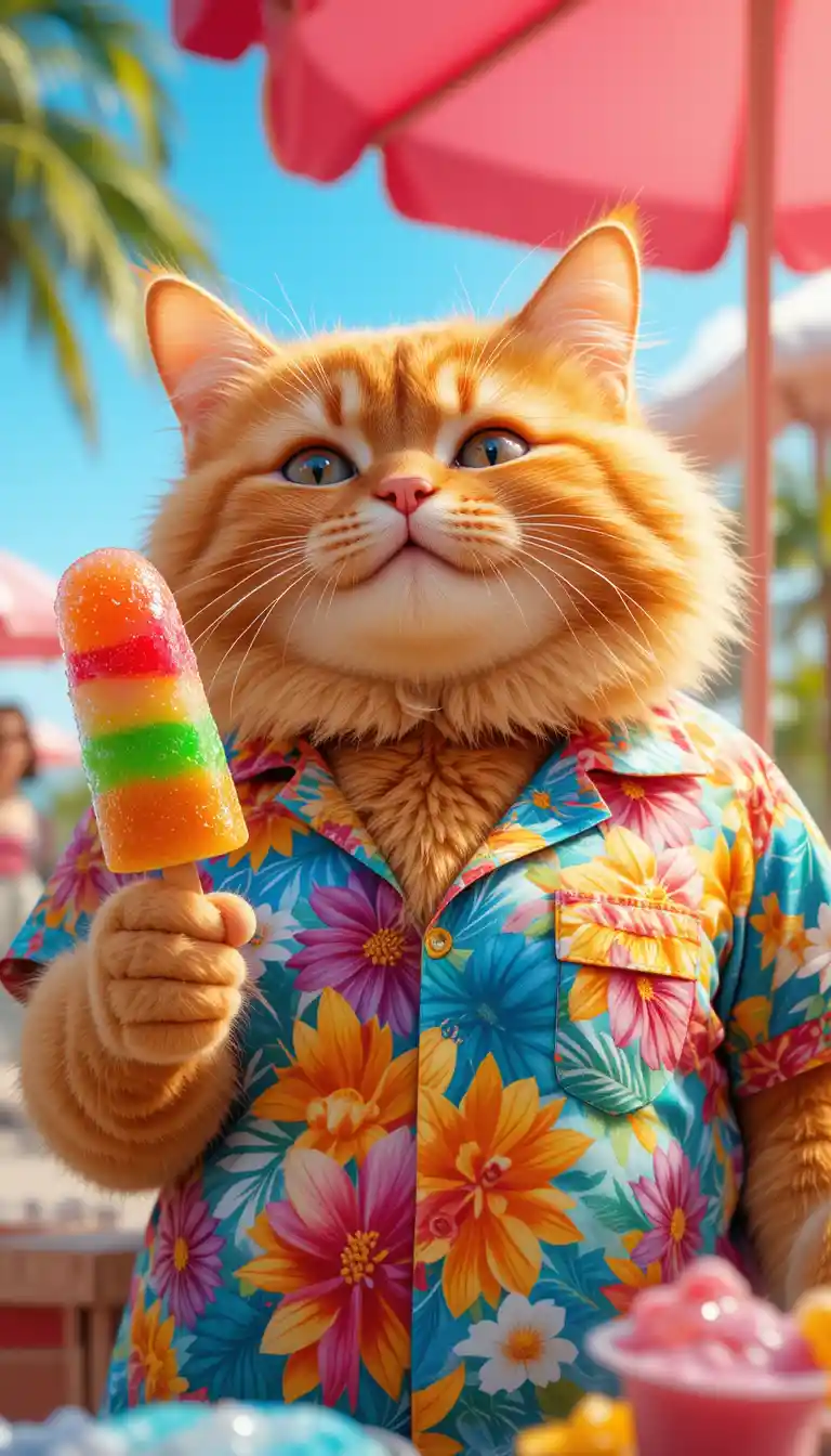 Chubby Orange Cat Selling Colorful Summer Ice Popsicles