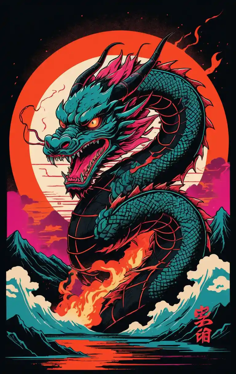 Fiery Japanese dragon poster with retro vhs glitch style