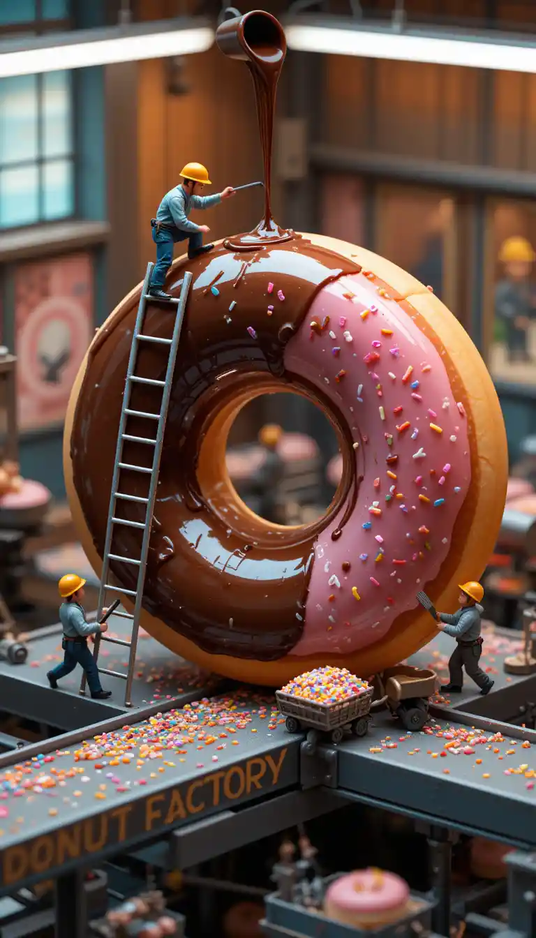 Miniature workers building a giant donut in a factory