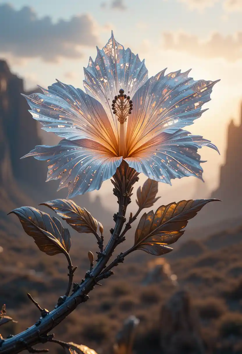 Biomechanical crystalline hibiscus flower on metallic branch