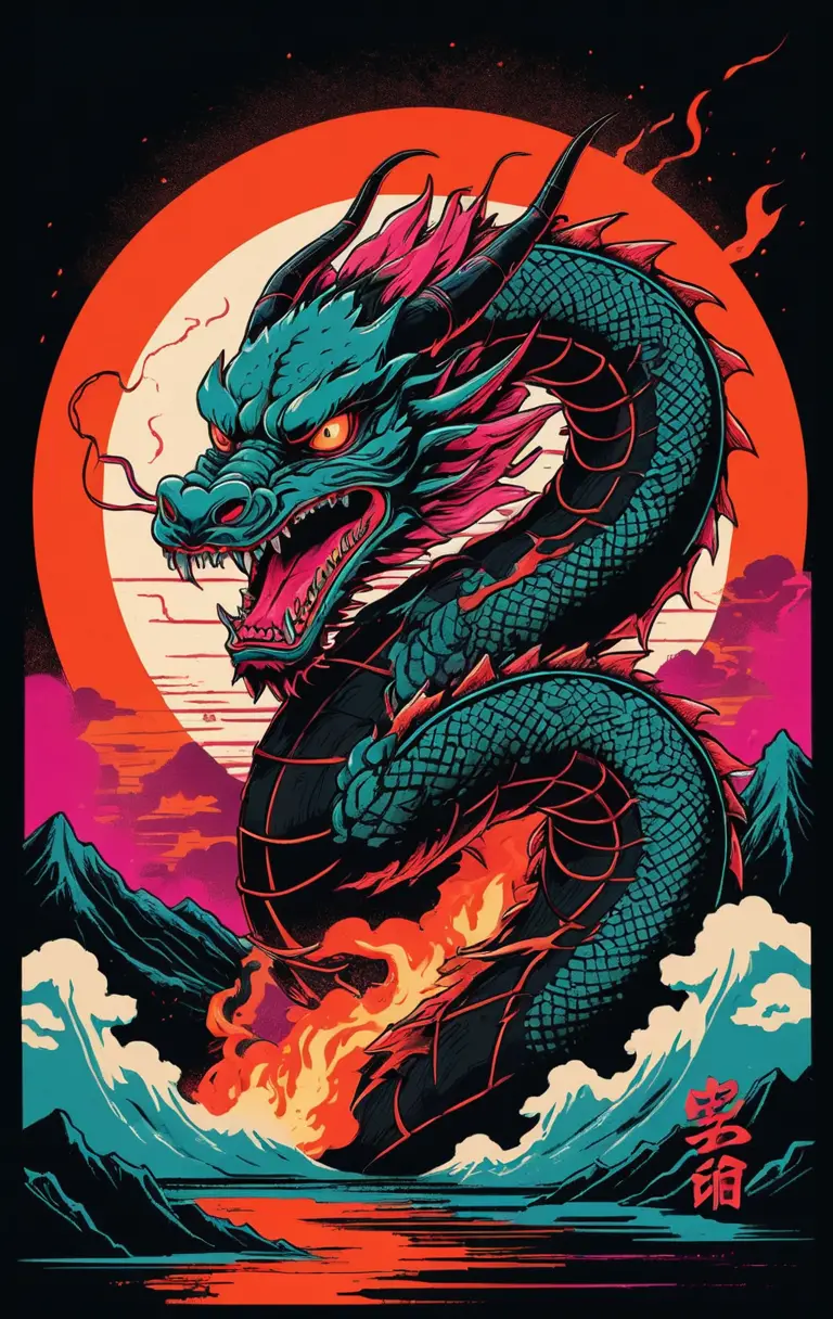 Fiery Japanese dragon poster with retro vhs glitch style