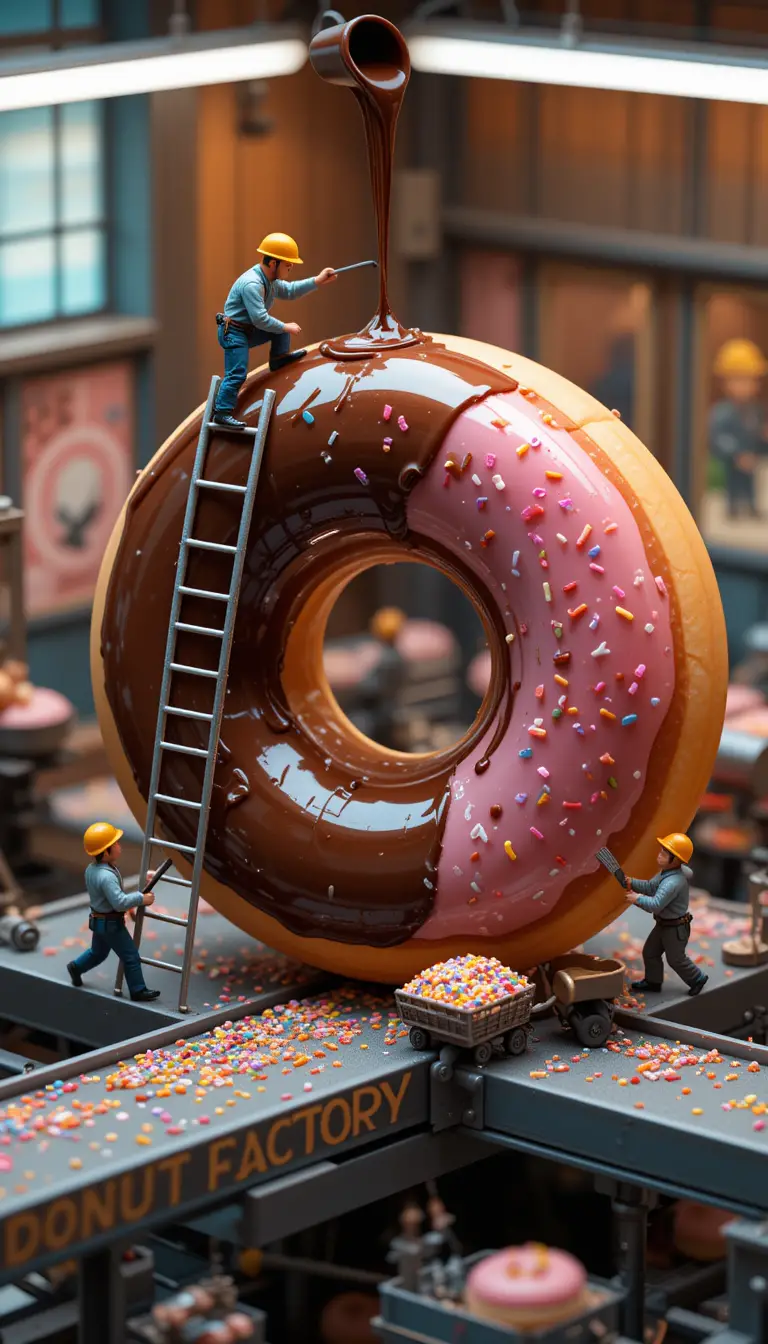 Miniature workers building a giant donut in a factory