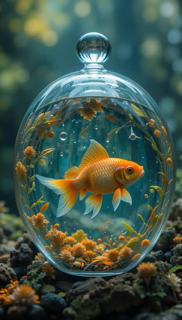 Tartaruga fotorrealista com casco de vidro e peixes-dourados dentro