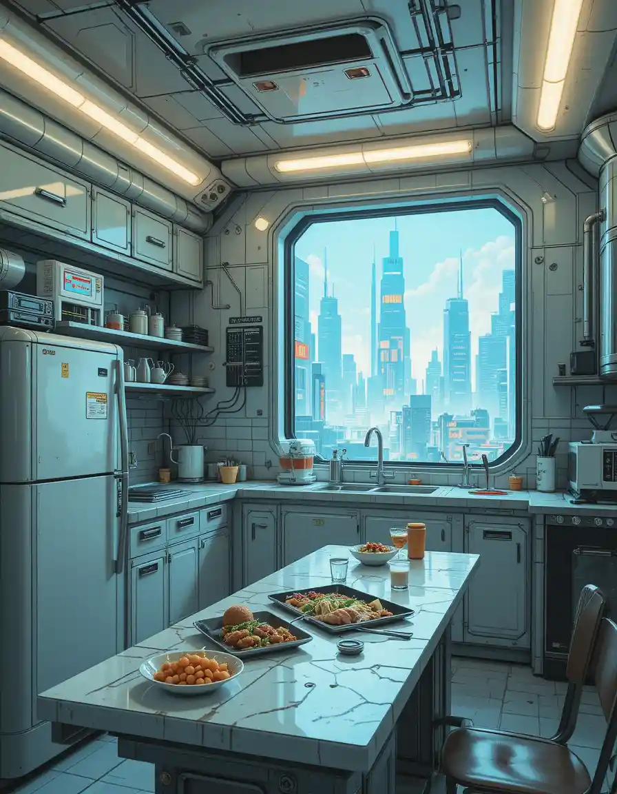Cyberpunk open kitchen with neon lights and served meal