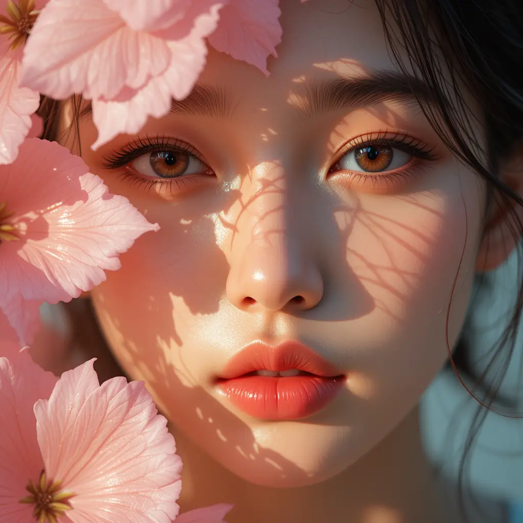 Korean idol close up with petals and golden brown eyes