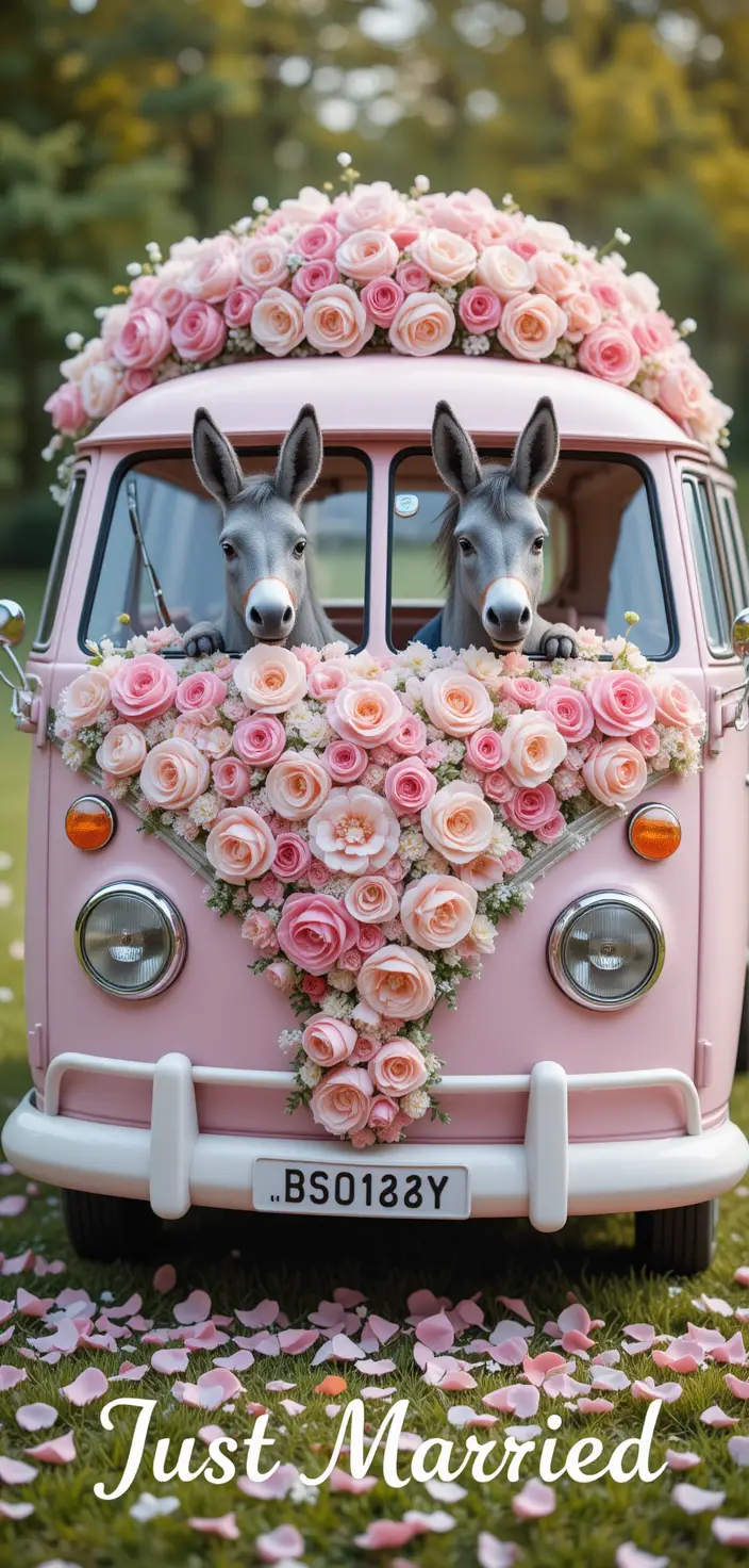Romantic pink wedding van with donkeys and flowers