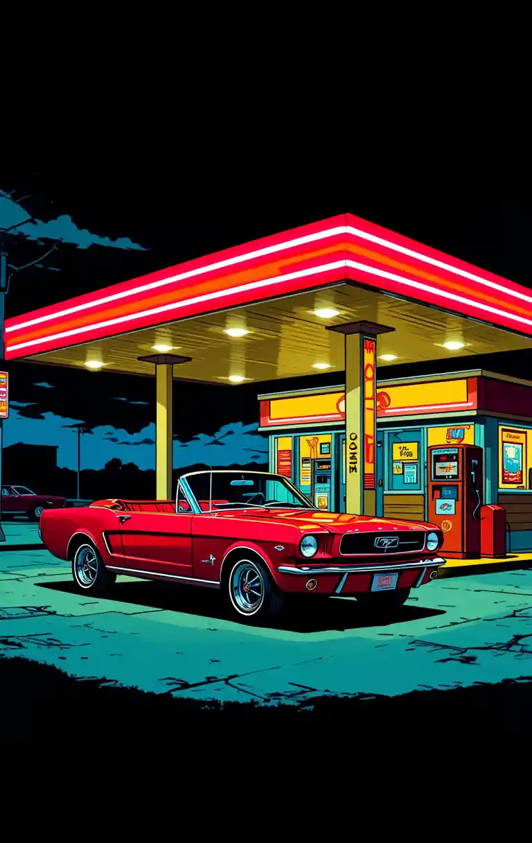 Pop art gas station with red classic convertible at night