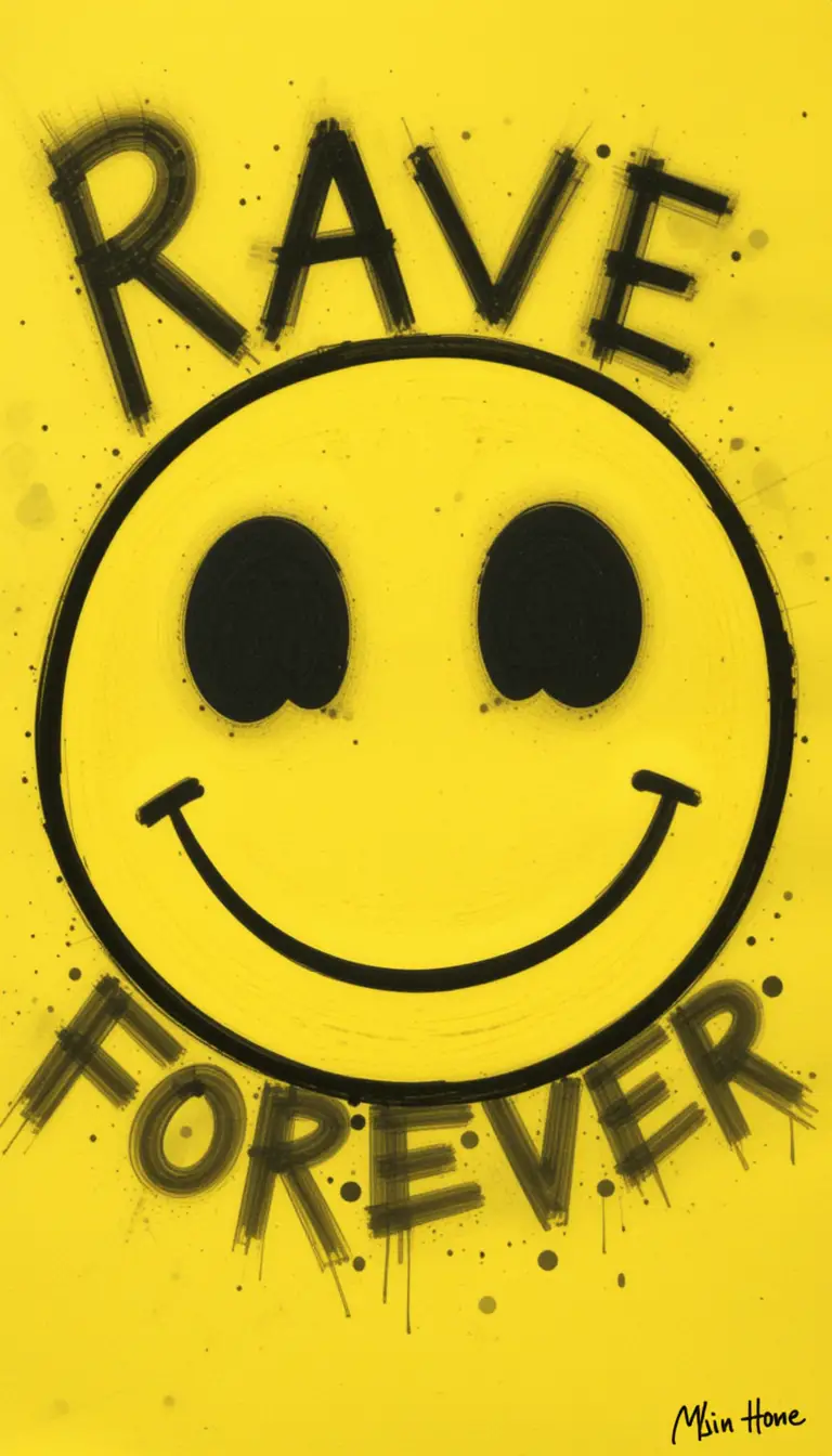 Acid house smiley face with rave forever text poster