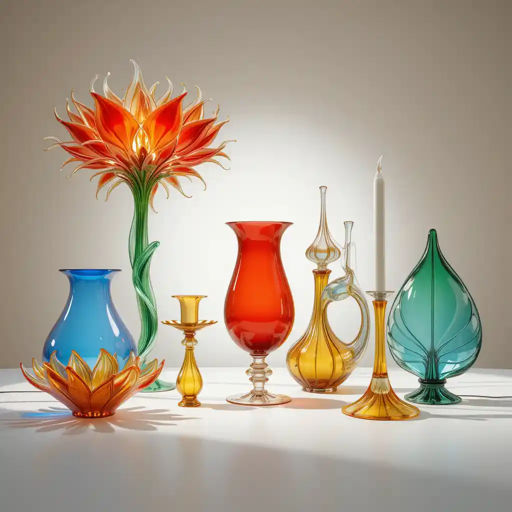 Murano glass art objects on neutral background