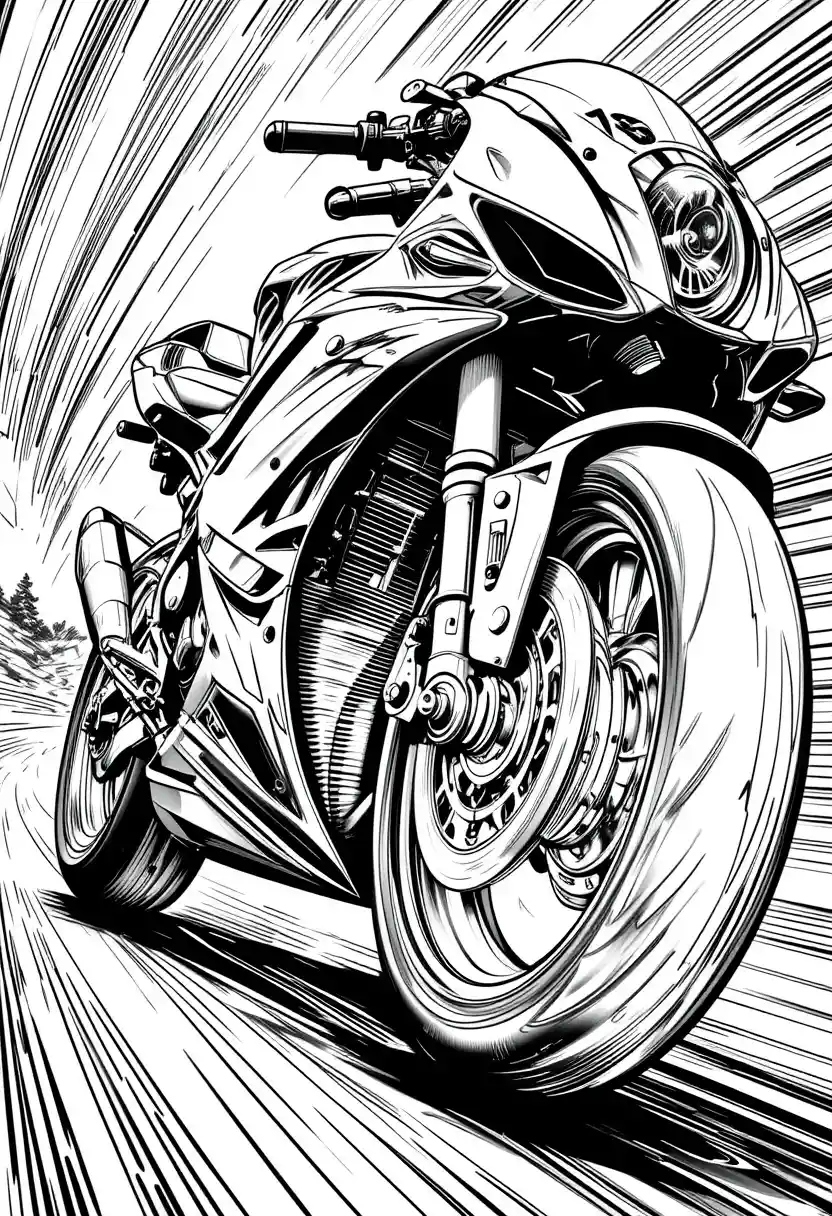 Superbike close up coloring page in manga illustration style