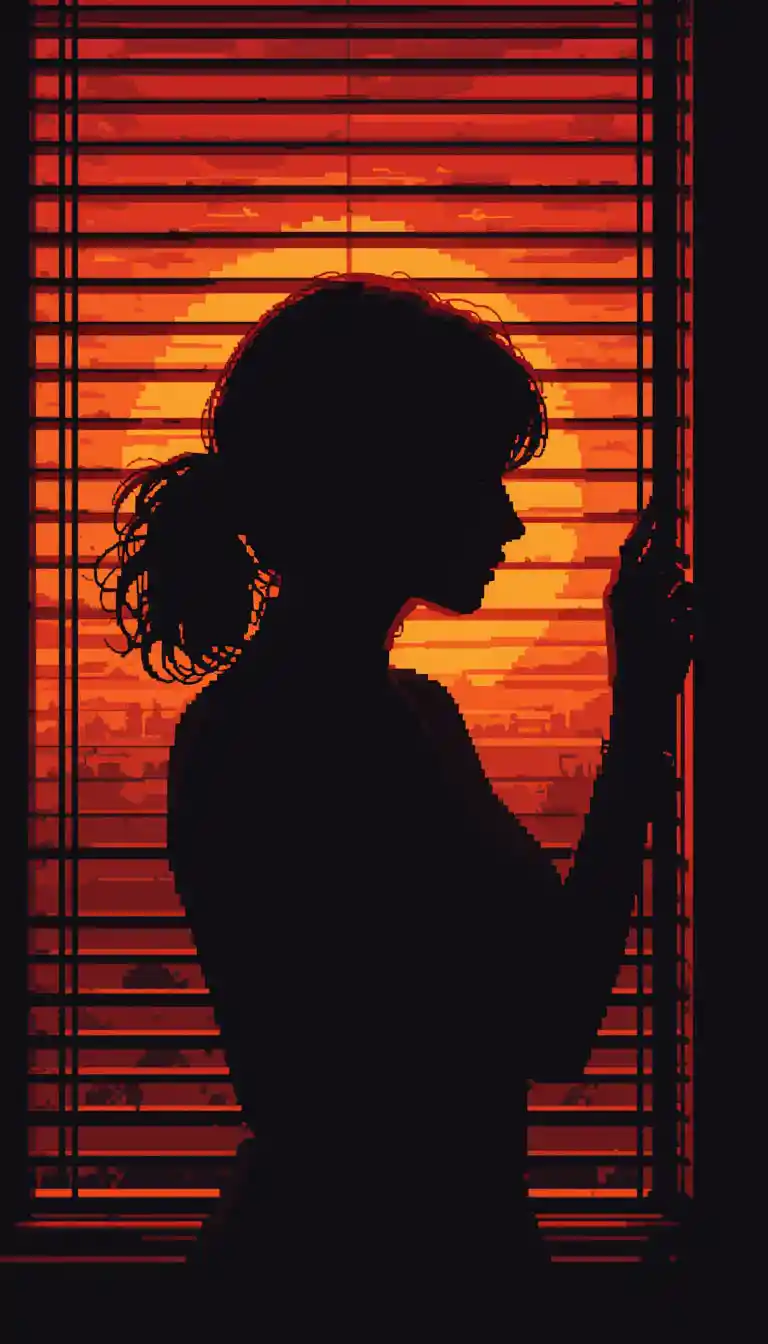 Silhouette de femme en pixel art aux stores devant un coucher de soleil rouge