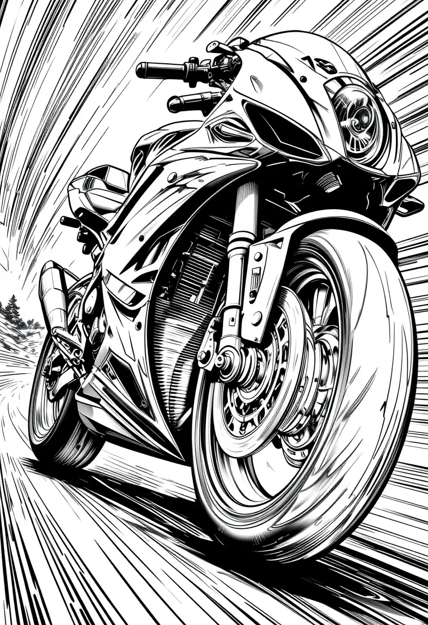 Superbike close up coloring page in manga illustration style