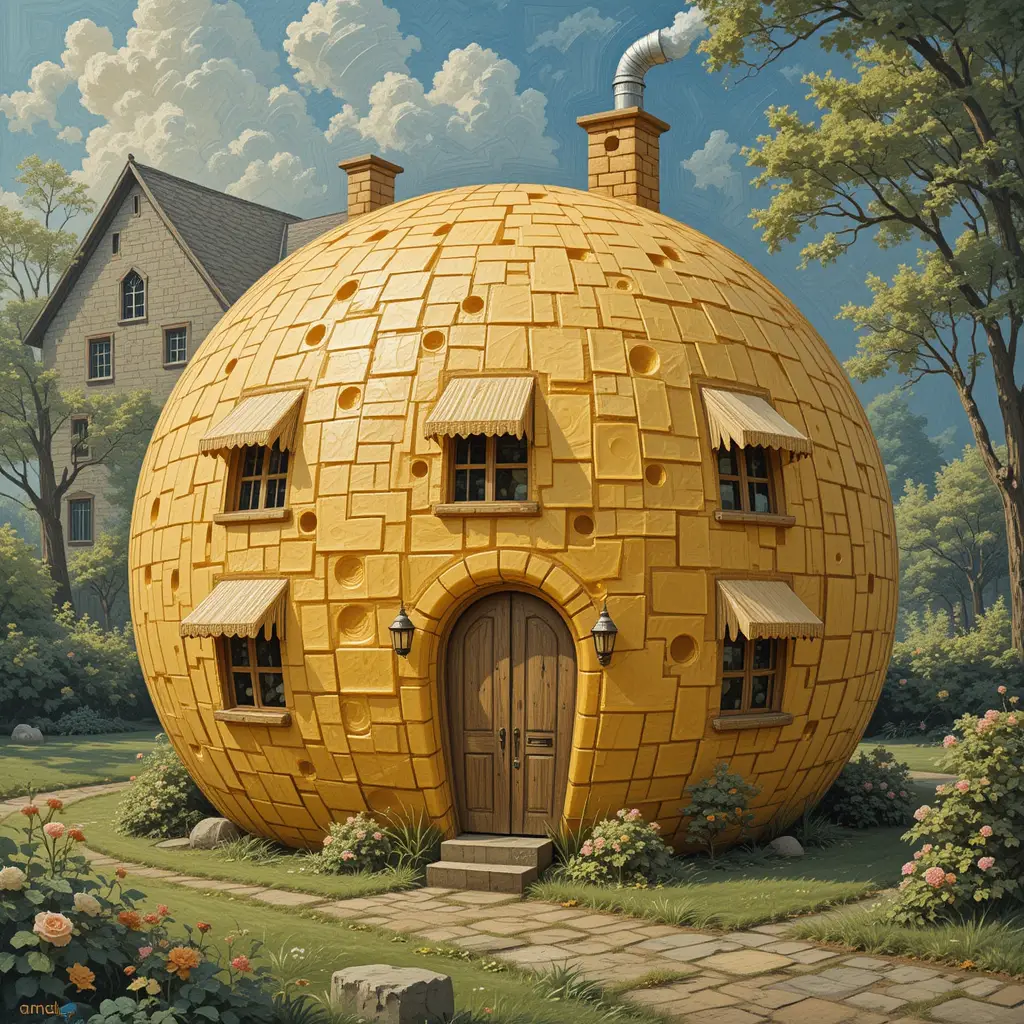 Impressionist cheese house with whimsical windows and roof pipe