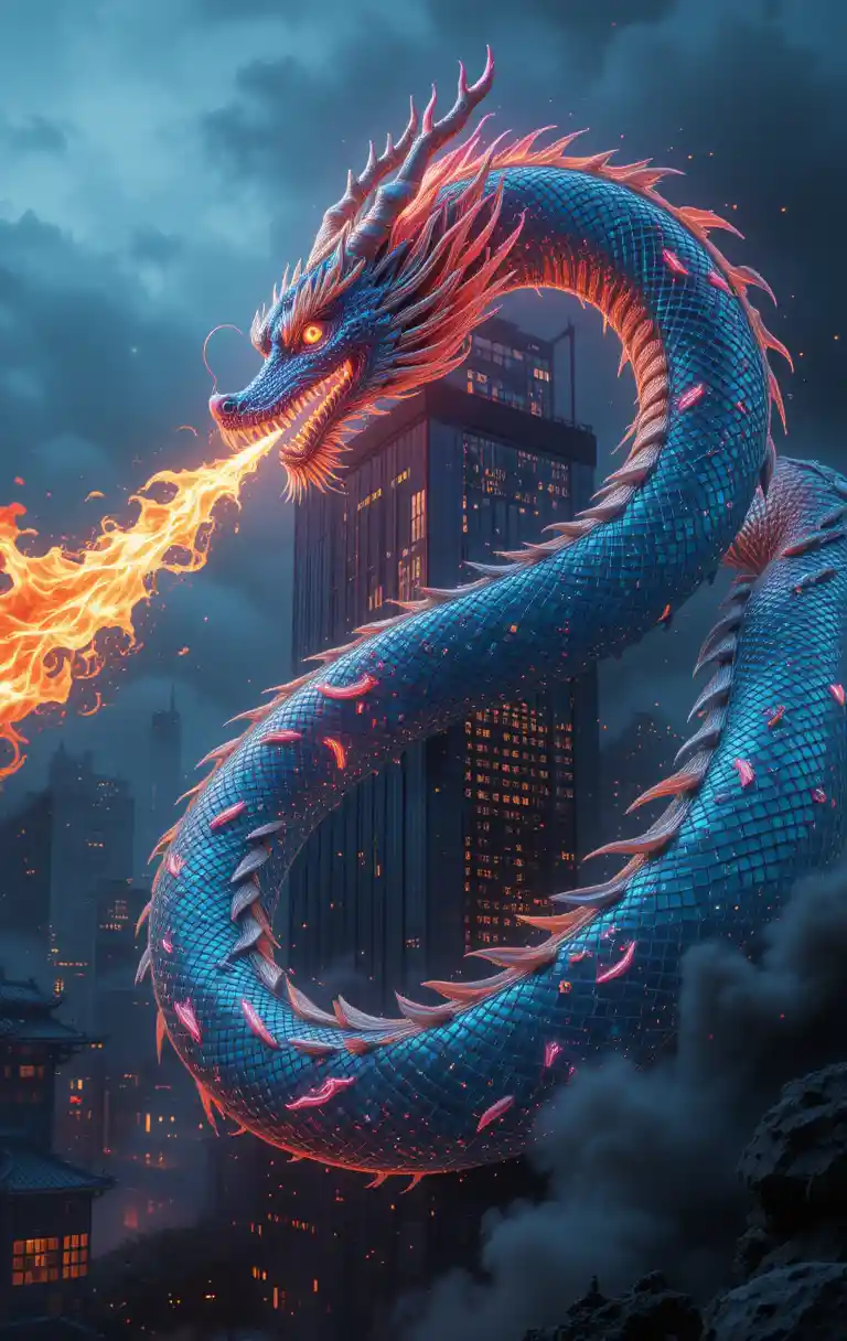 Gigantic Chinese dragon coiled around collapsing city skyscraper