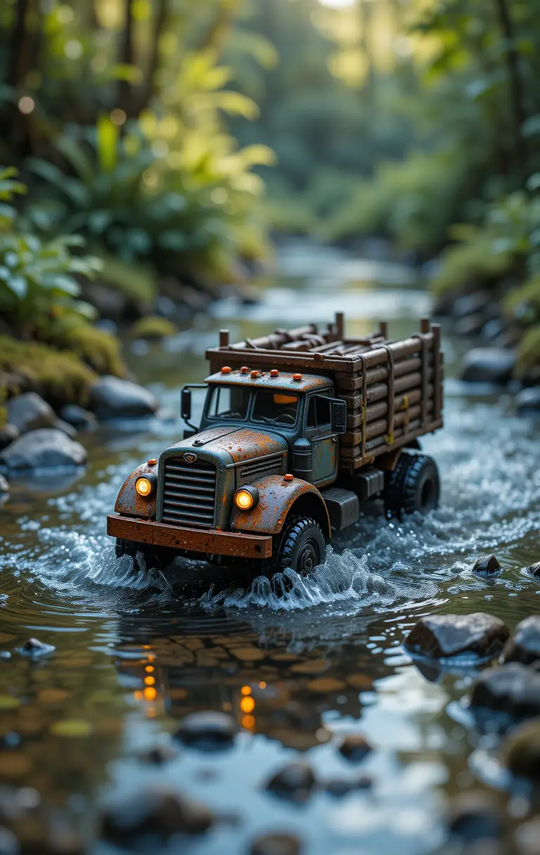 Miniatur-Holztransporter-Spielzeug fährt durch seichtes Wasser