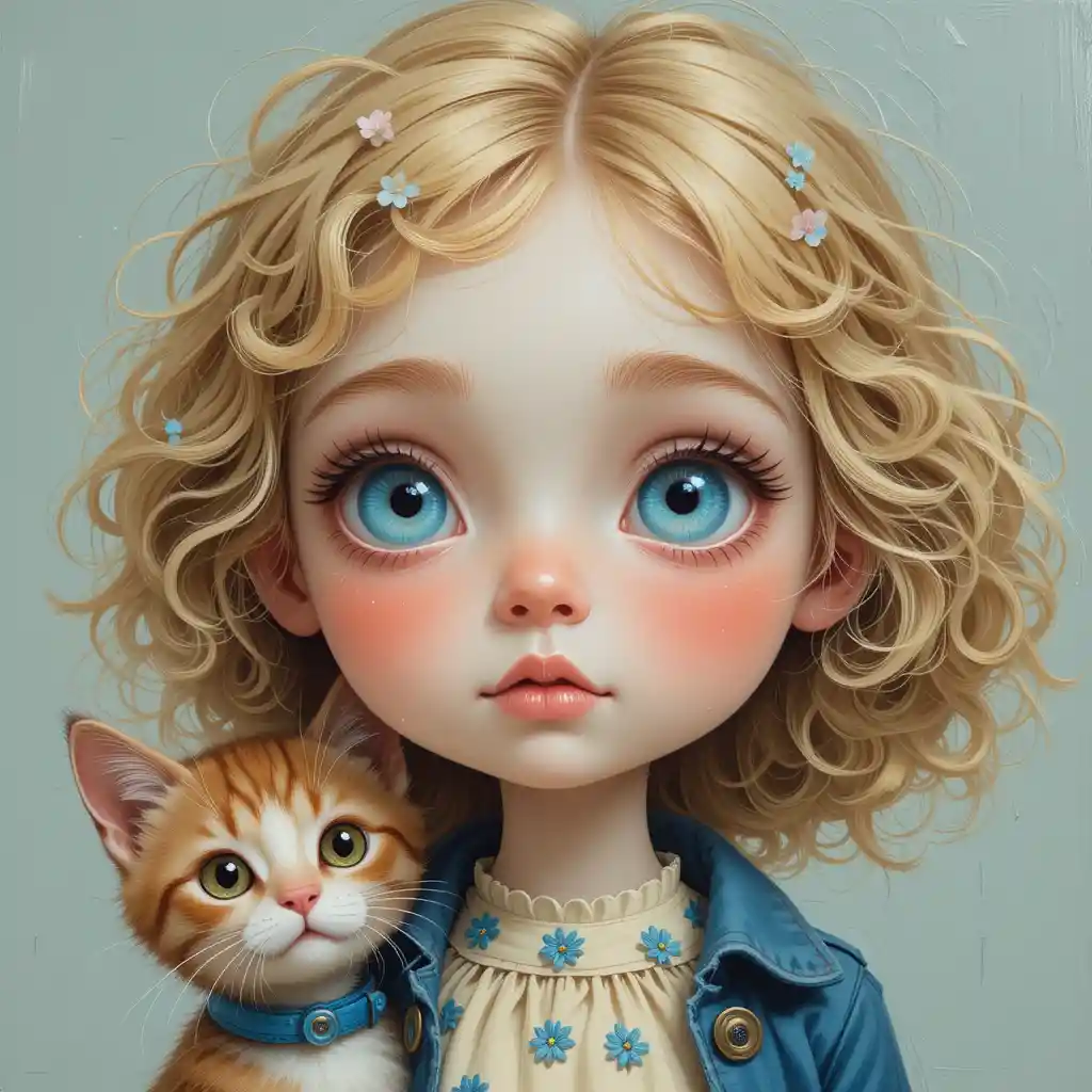 Whimsical close up of a little girl and cat