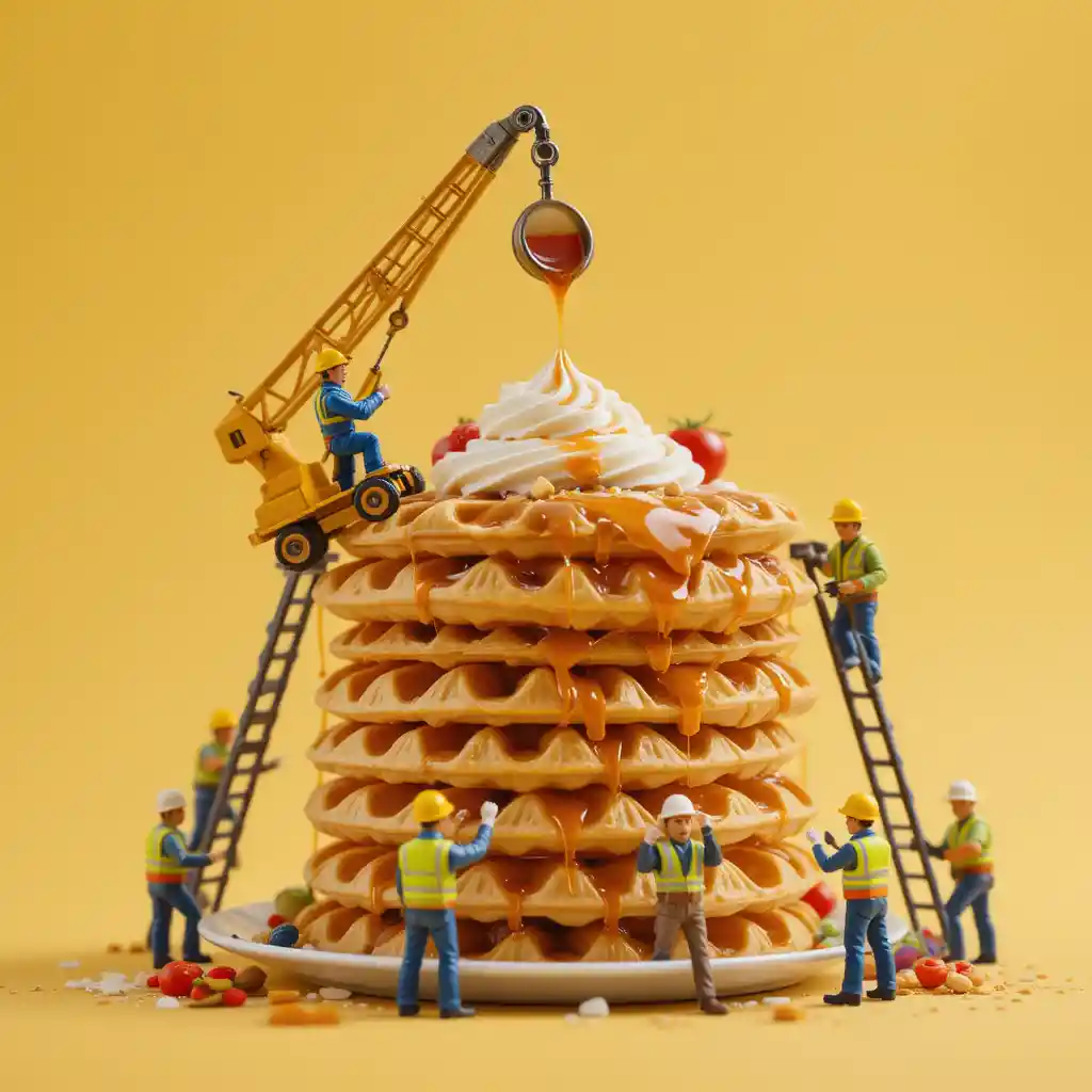 Miniature workers decorating a stack of giant waffles