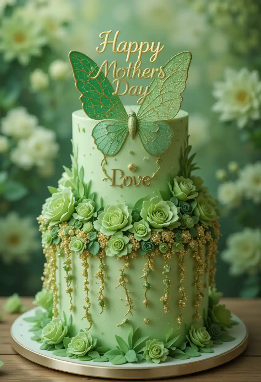 Torta floreale verde con farfalle e messaggio di buona Festa della Mamma