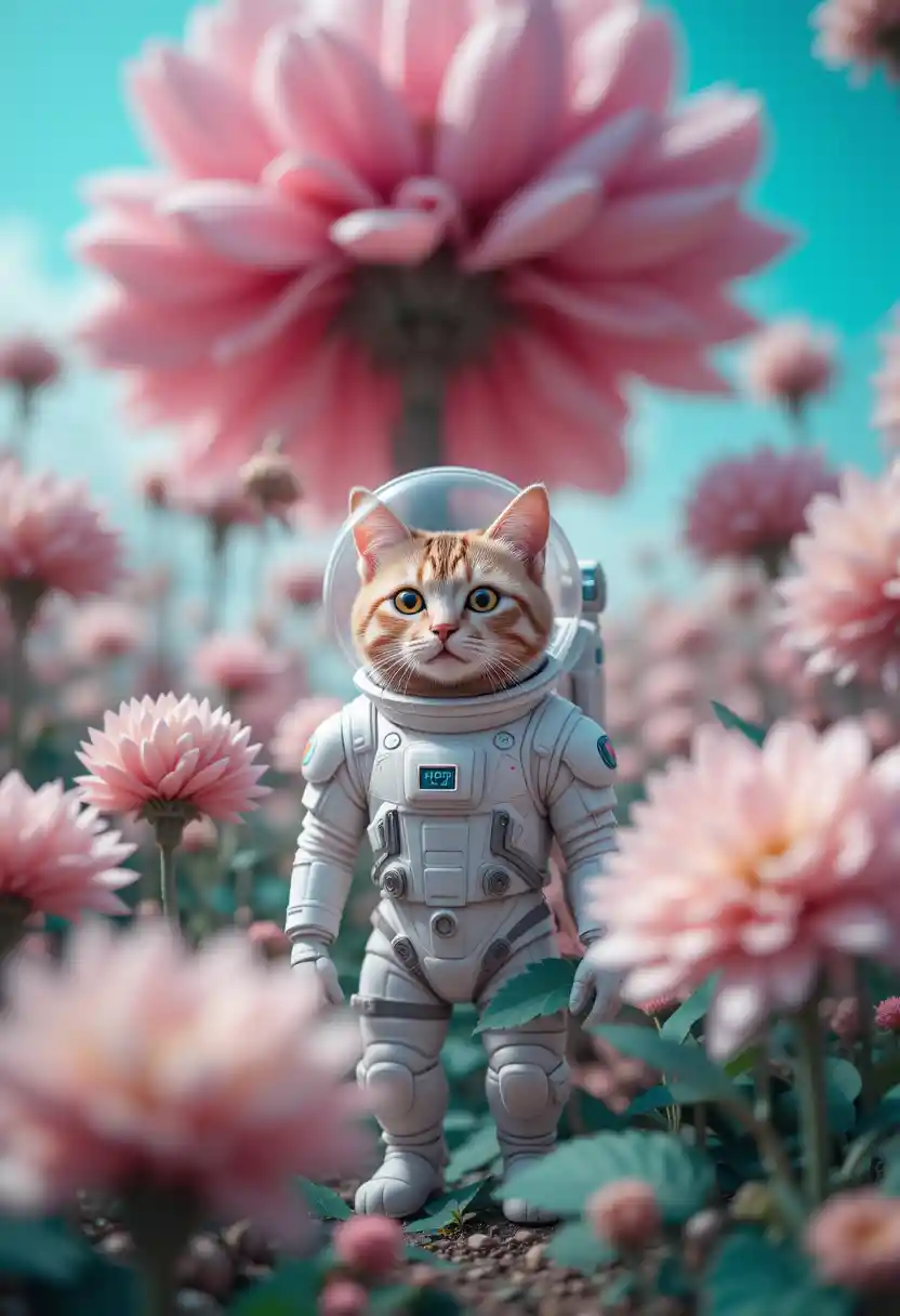 Futuristic cat in pastel surreal garden under teal sky