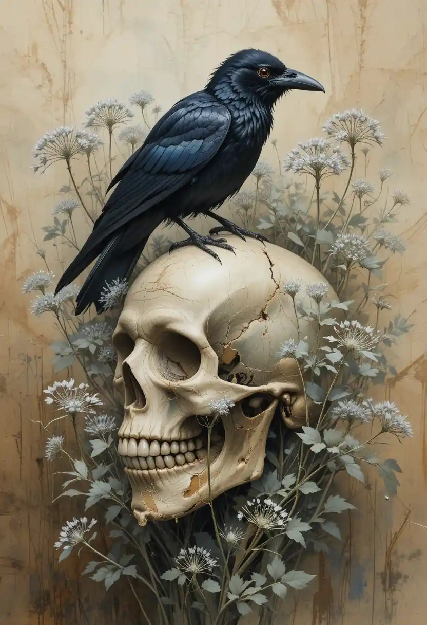Black raven resting on a skull in watercolor art