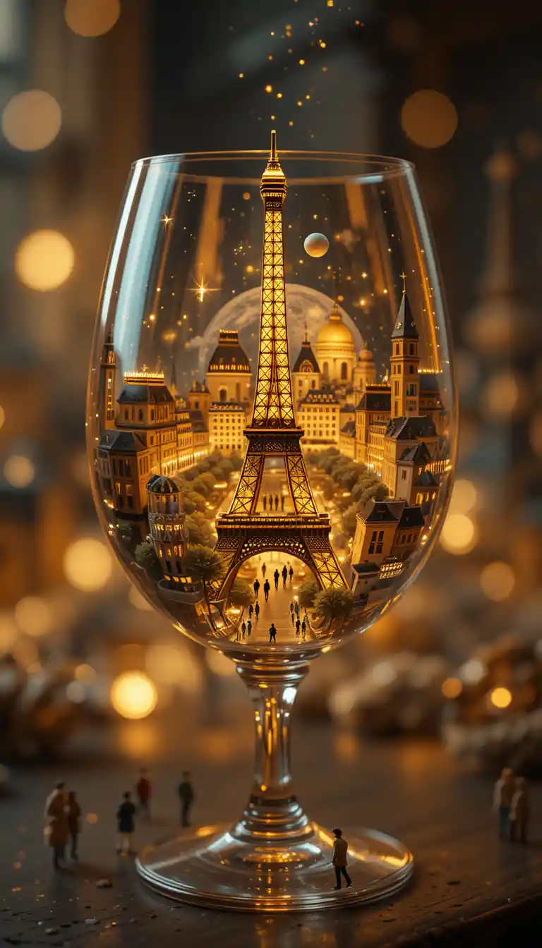 Surreal Paris cityscape glowing inside an elegant wine glass