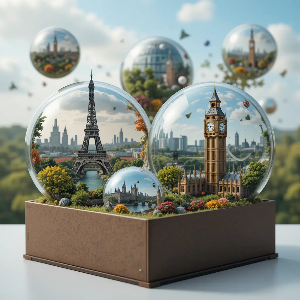 Miniature fantasy worlds contained in colorful spheres