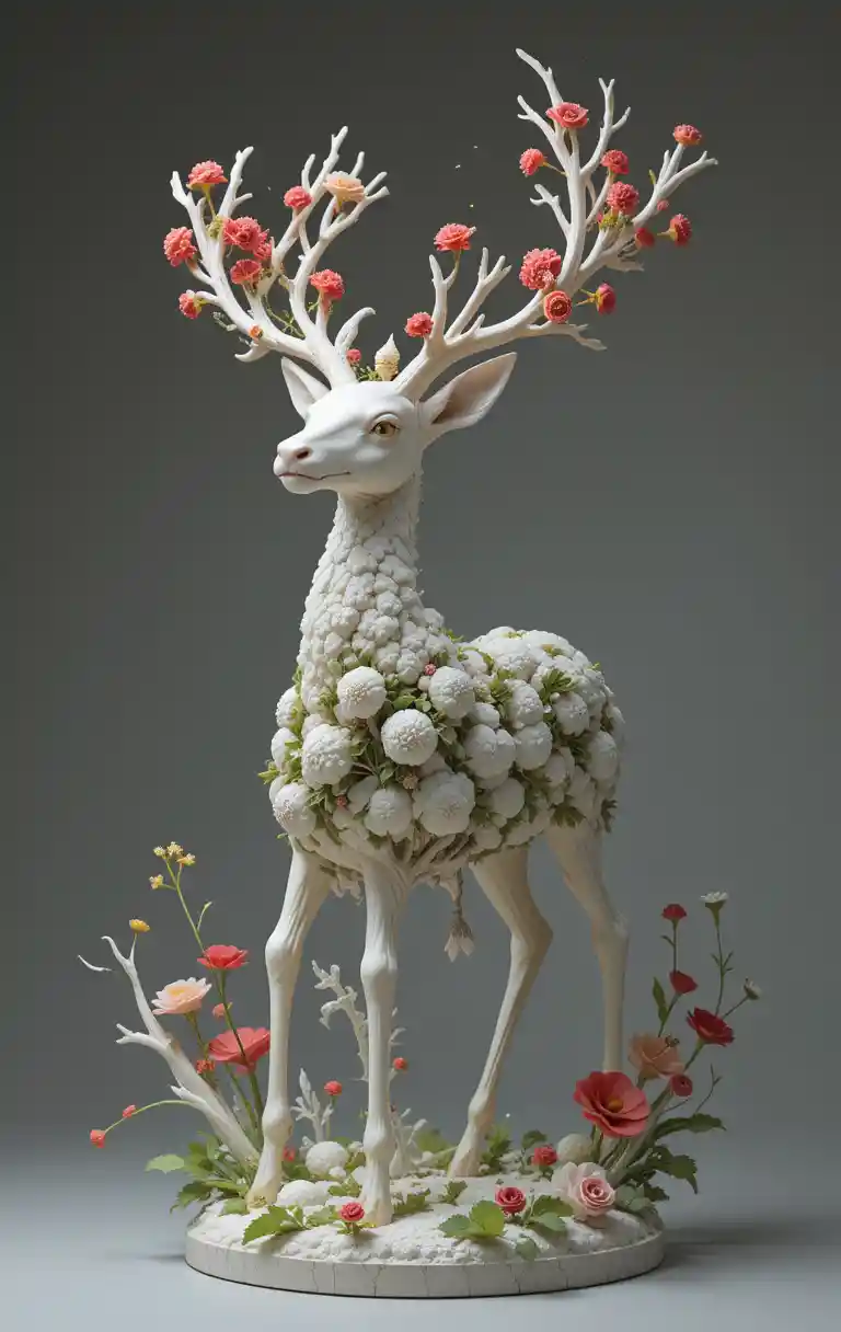 Fantasy vegetable deer sculpture with flowers in studio
