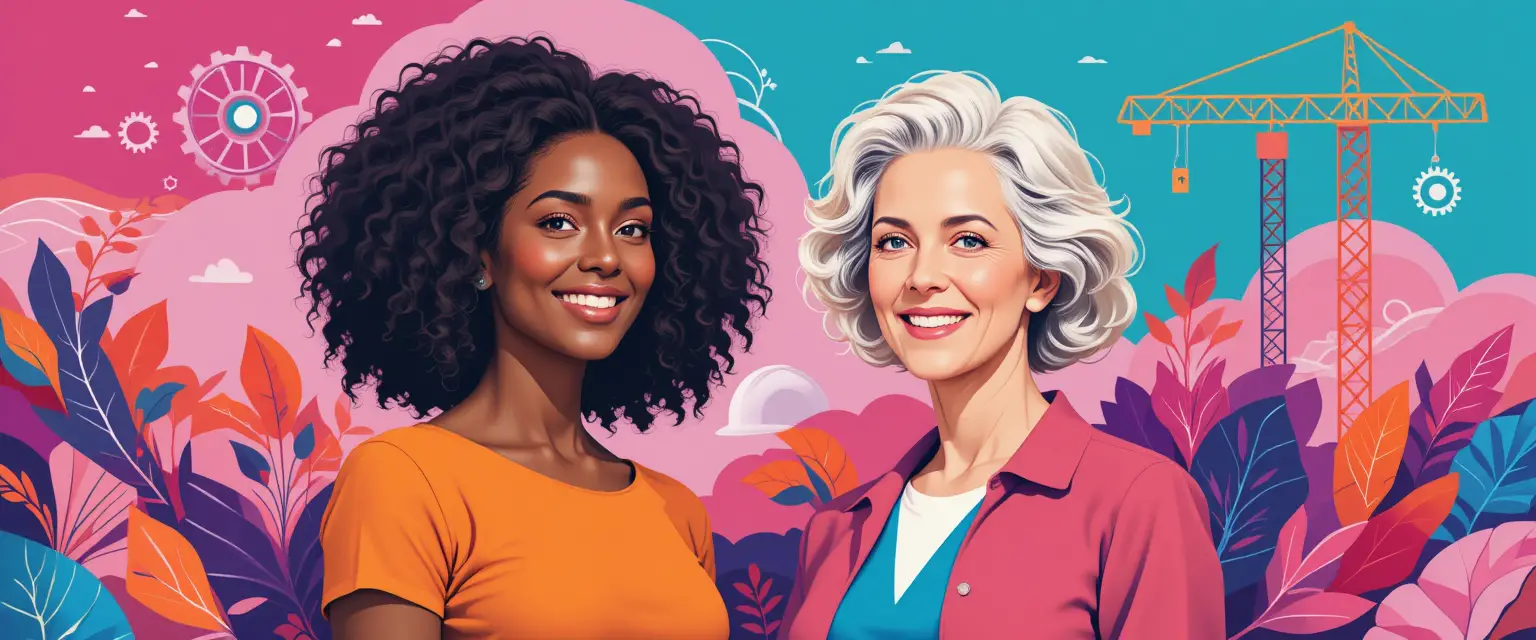 Pop art women engineers with colorful sustainable symbols