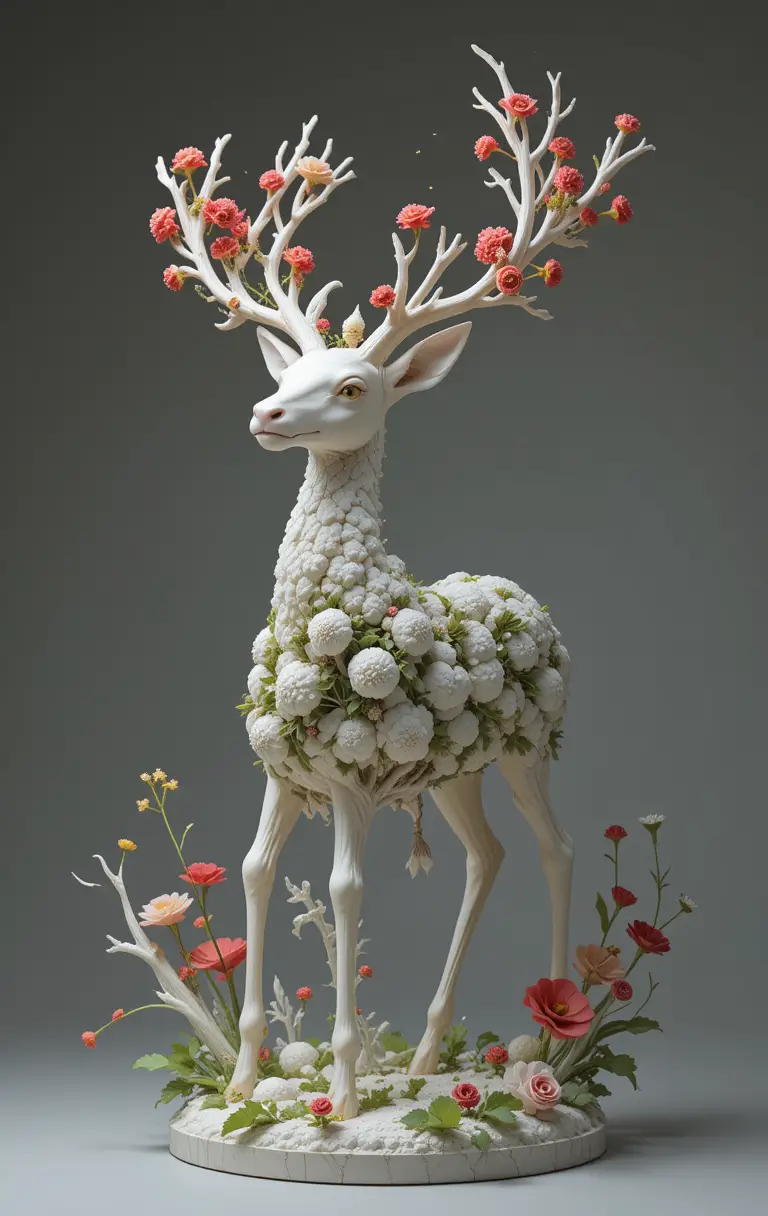 Fantasy vegetable deer sculpture with flowers in studio