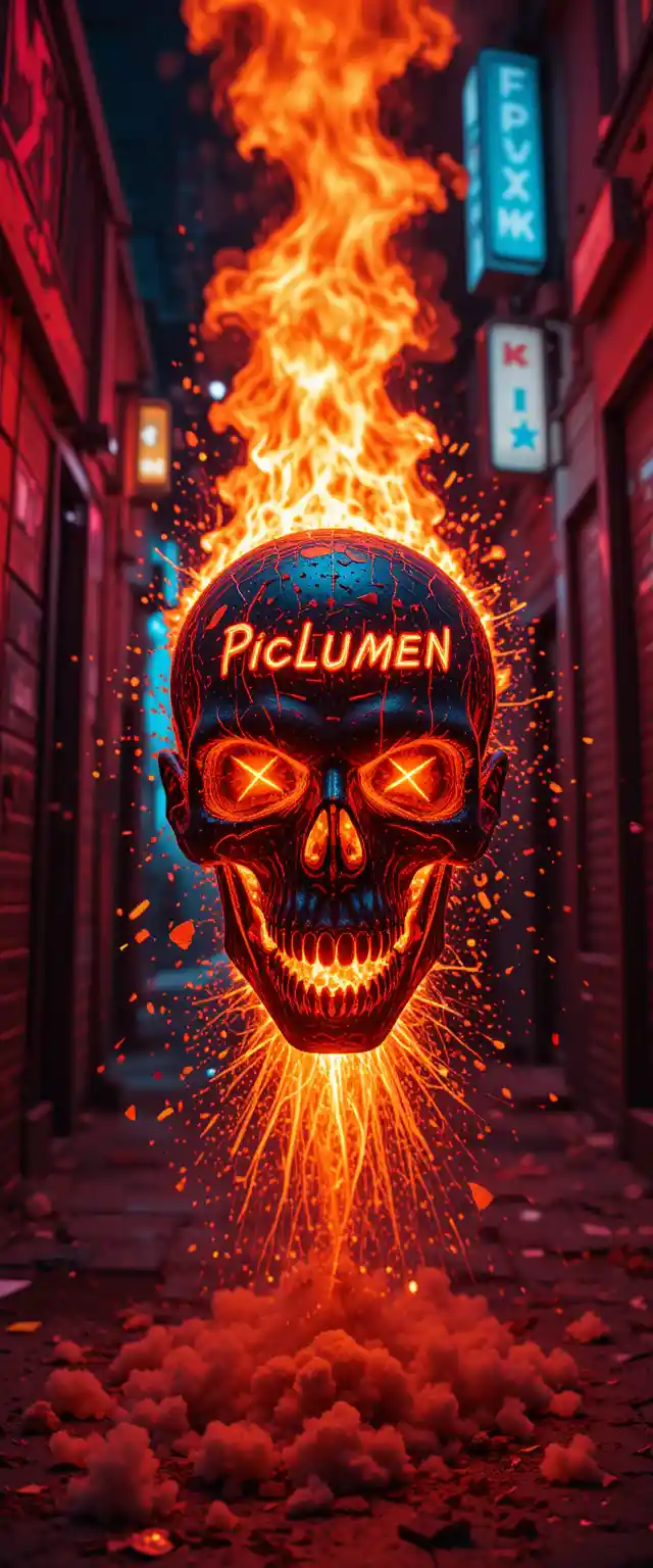 Demonic skull blasted by woman batter in neon alley