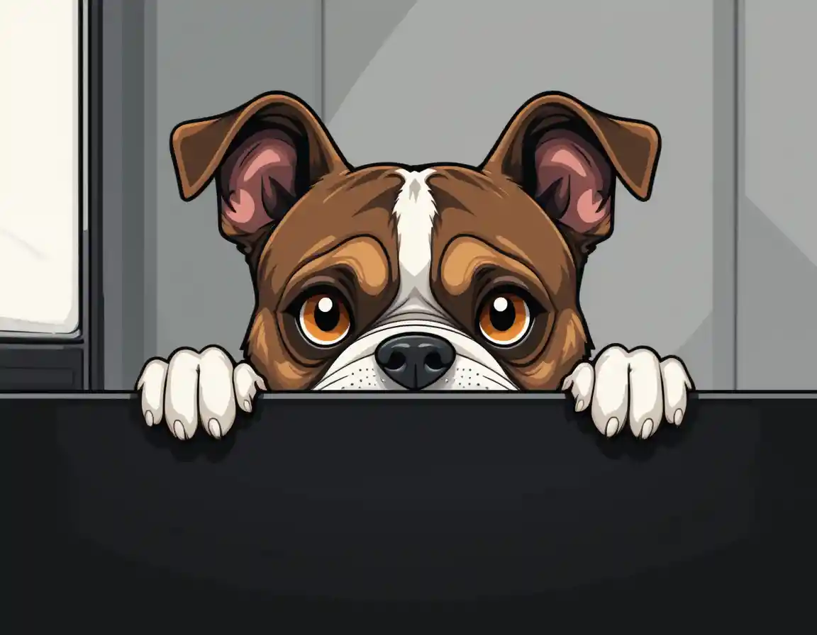Curious bulldog peeking playfully from behind dark edge