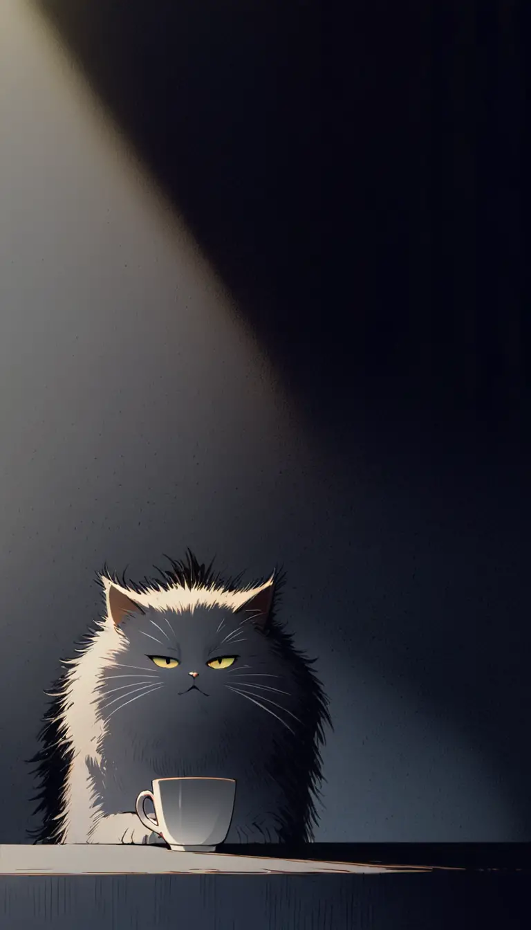 White cat staring at a single teacup in studio