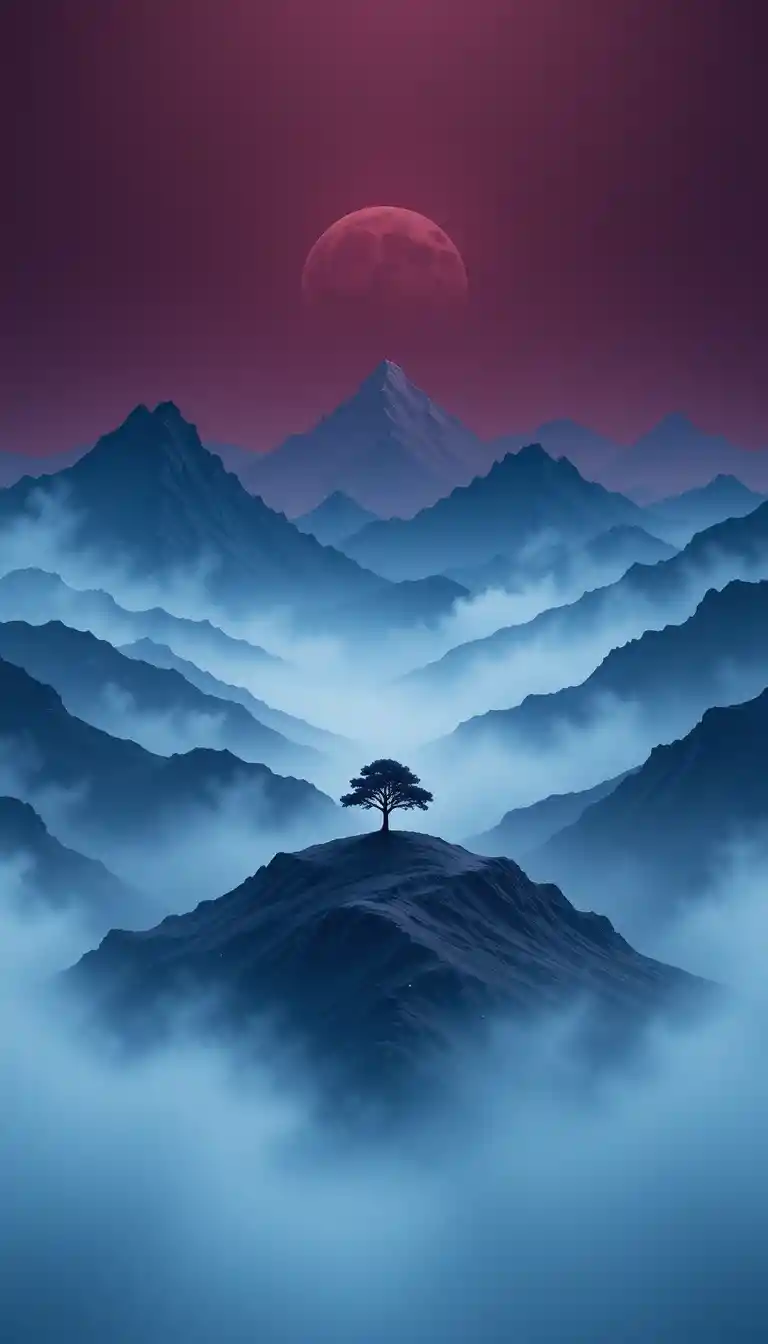 Extremes Makro einer minimalistischen Berglandschaft mit Baum