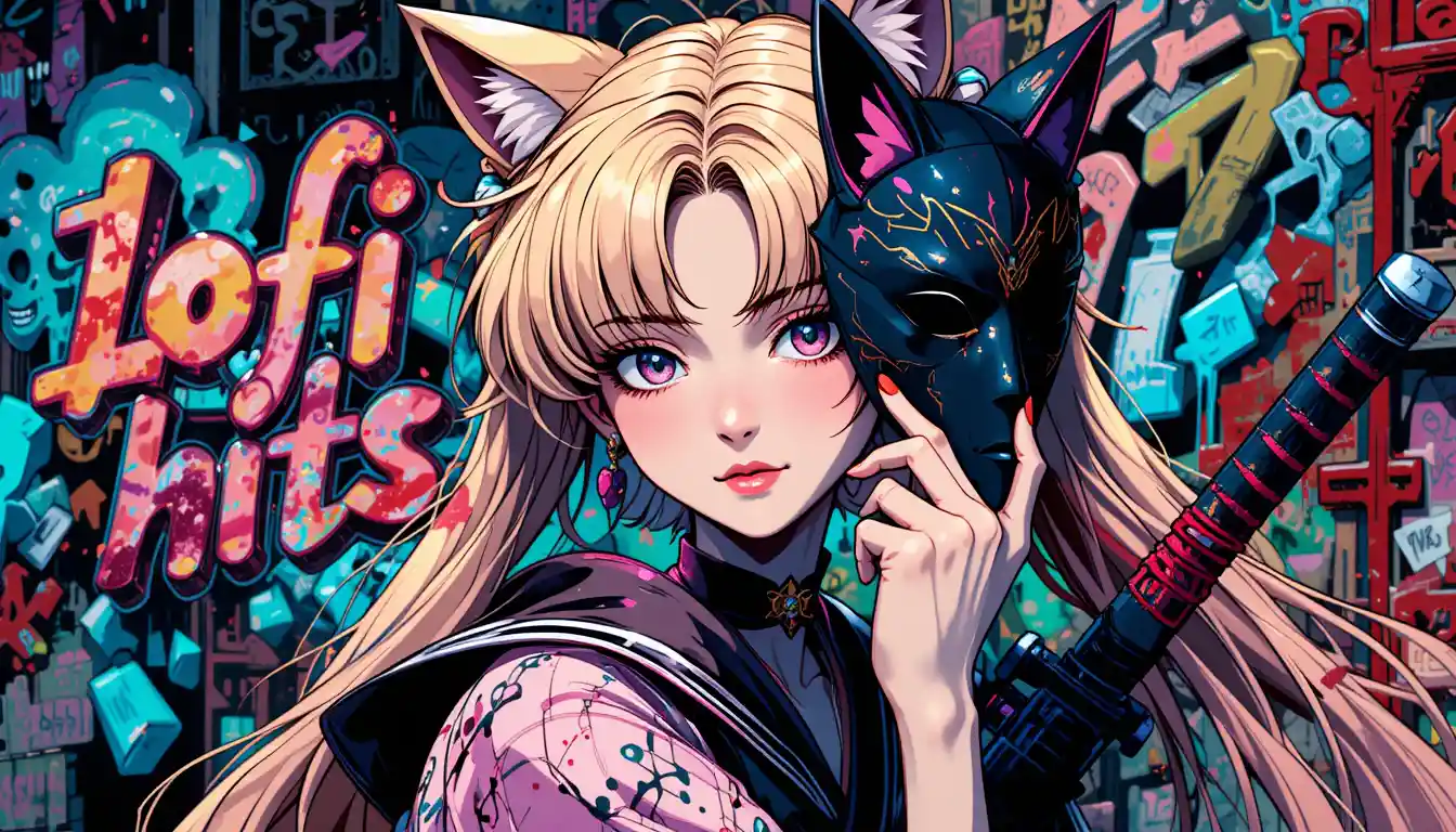 Anime warrior woman with fox mask in neon street art