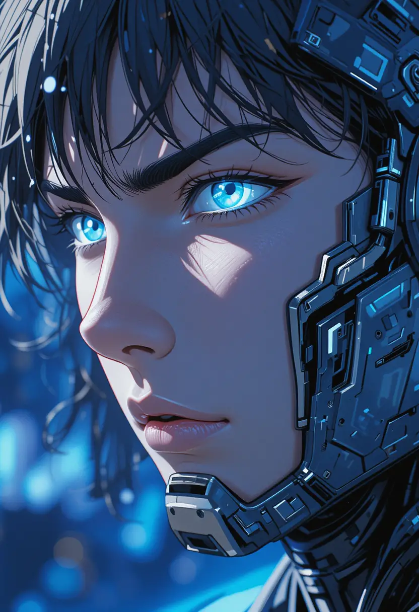 Close up anime cyborg portrait with cinematic blue light