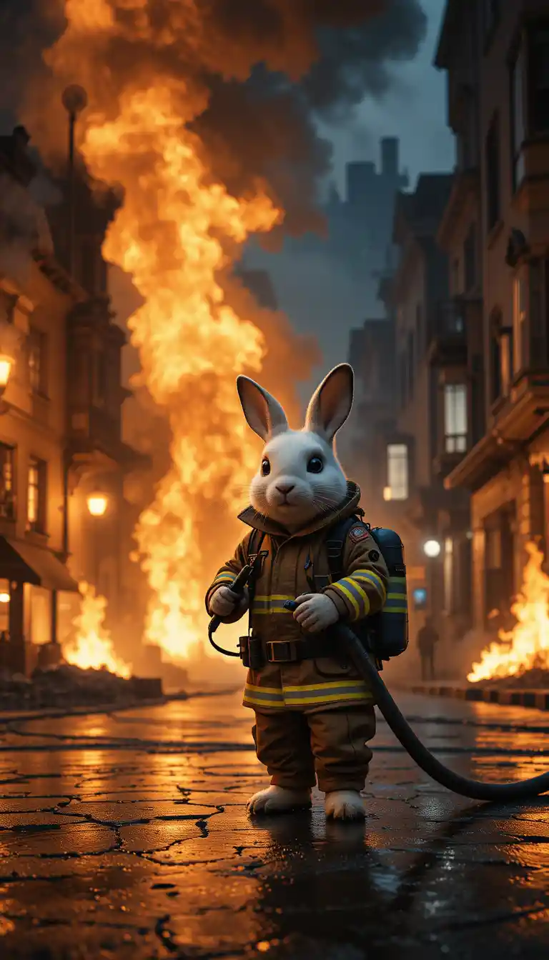 Tiny rabbit firefighter battling flames on city street