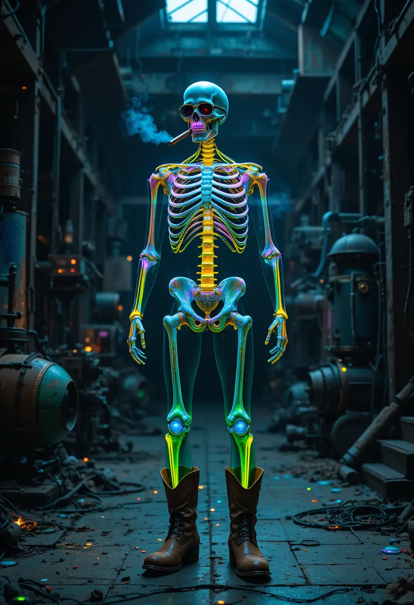Glowing Crystal Skeleton Smoking In Dark Warehouse