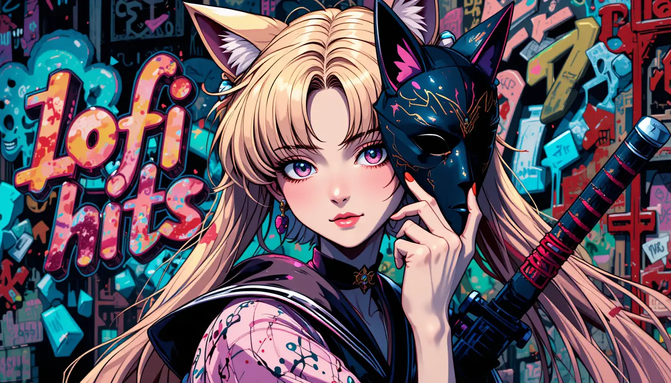 Anime warrior woman with fox mask in neon street art