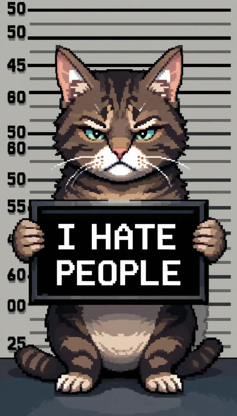 Grumpy Tabby Cat Pixel Art Police Mugshot Scene