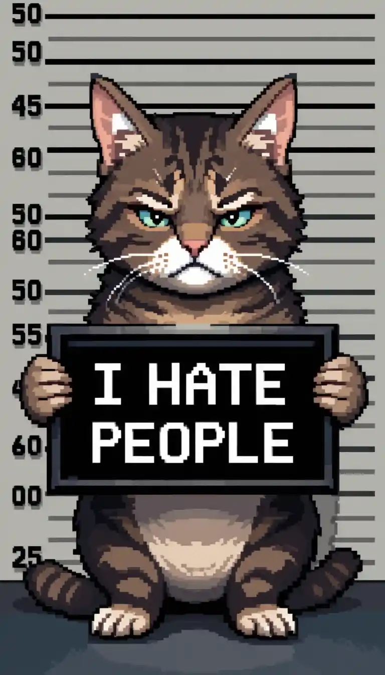 Grumpy Tabby Cat Pixel Art Police Mugshot Scene