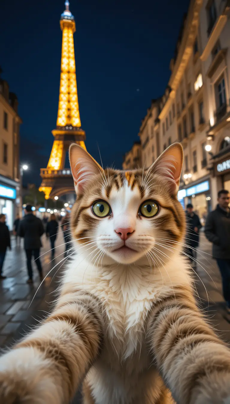 Green eyed cat selfie with eiffel tower at night