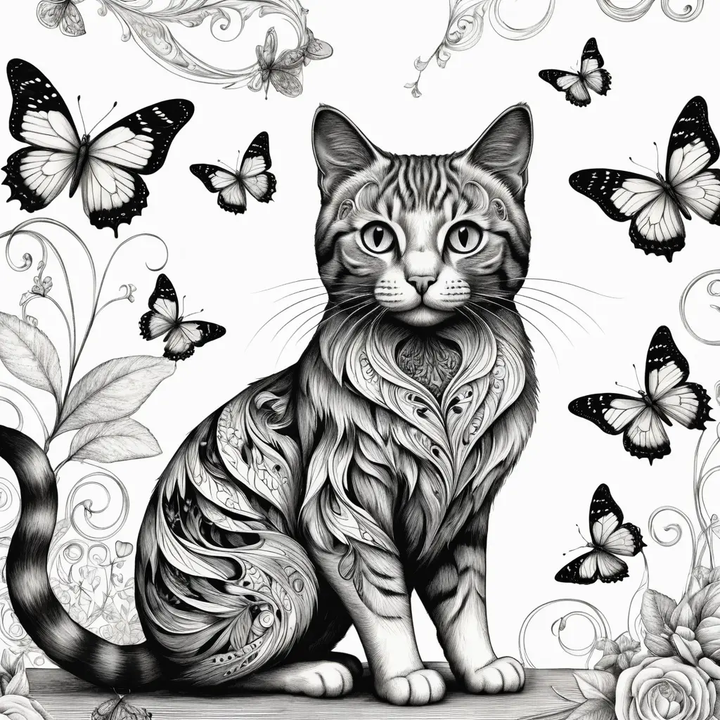 Majestic cat and butterfly in bold line art illustration