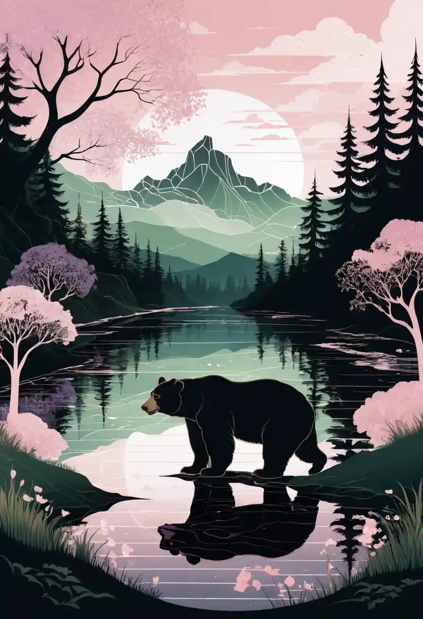 Bear silhouette with dreamy spring forest landscape