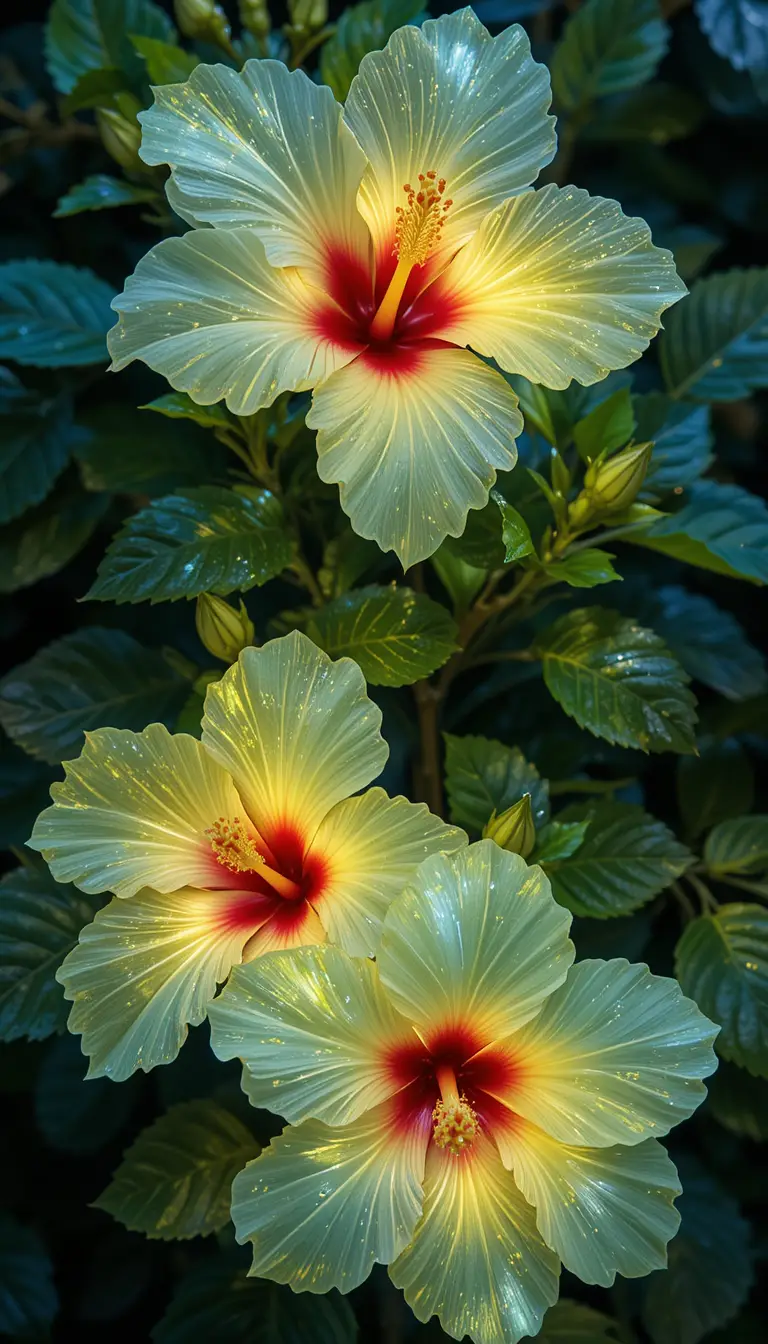 Glowing crystal hibiscus shrub illuminated in the night garden