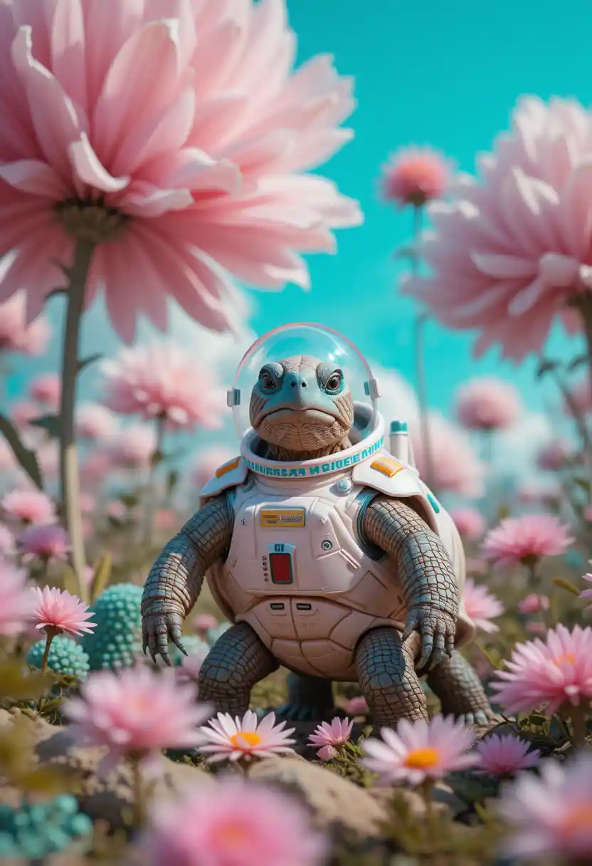 Futuristic Tortoise In Spacesuit In Pastel Fantasy Garden