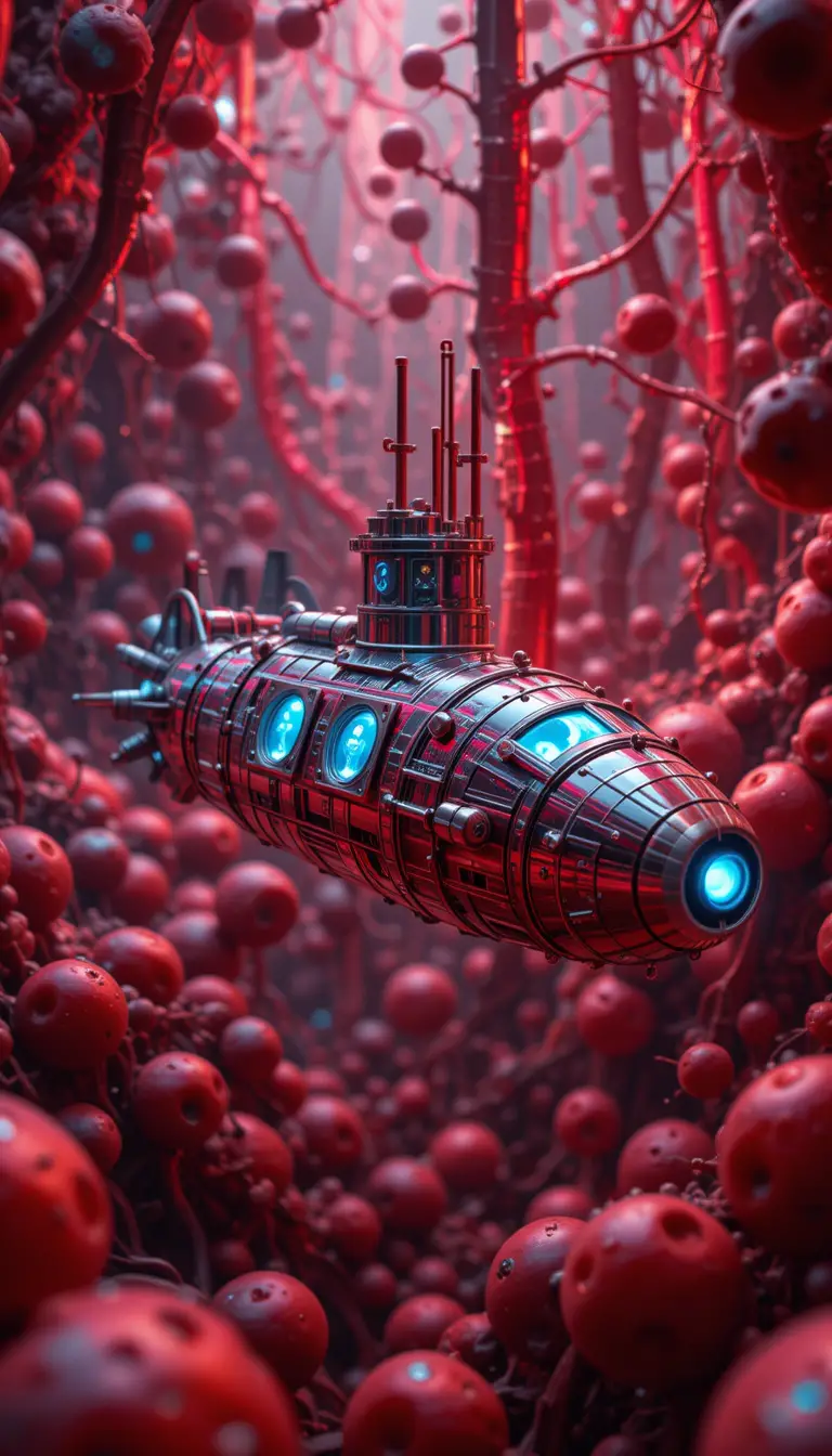 Miniature sci fi submarine traveling through human bloodstream